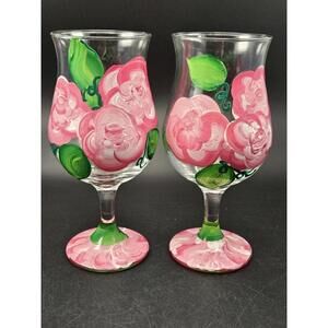 Set of 2 Vintage Hand Painted Pink Floral Wine Glasses Tulip Flared Rim 6.5"